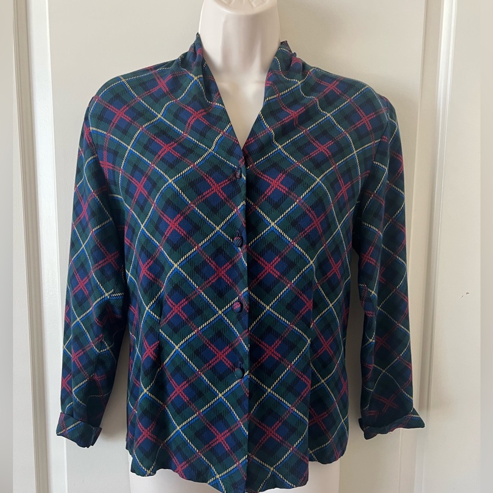 COUNTRY SOPHISTICATES PETITE Pendleton Madras Wool Long Sleeve Button Front Top
